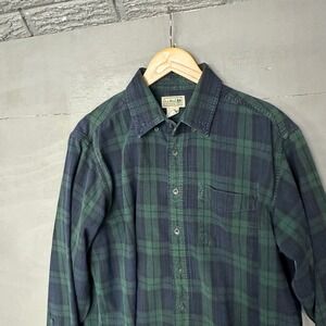 LL Bean Mens Flannel Shirt L Tall Black Watch Plaid Green Navy Blue Cotton 228